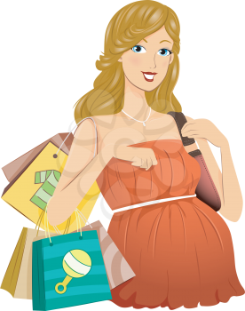 Royalty Free Clipart Image of a Pregnant Woman Shopping for Baby Items
