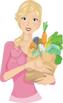 Royalty Free Clipart Image of a Girl With a Grocery Bag