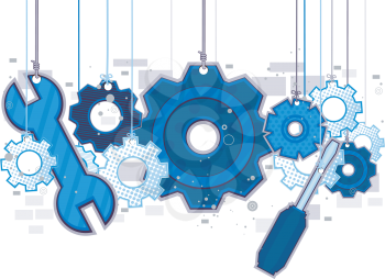 Royalty Free Clipart Image of a Cogs and Tools on Strings