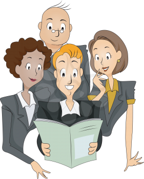 Royalty Free Clipart Image of a Group of People Reading a Magazine
