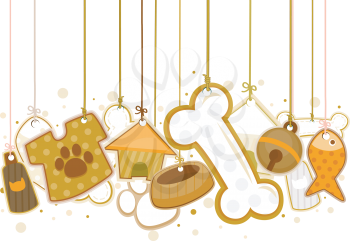 Royalty Free Clipart Image of a Set of Pet Related Icons Hanging on Strings