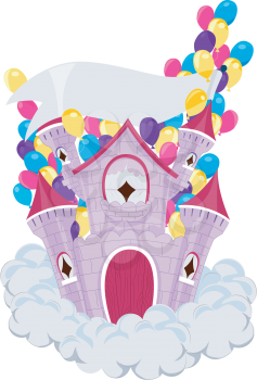 Royalty Free Clipart Image of a Castle With Balloons and a Ribbon