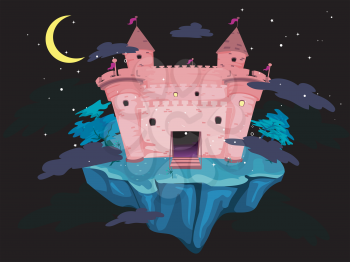 Royalty Free Clipart Image of a Pink Castle on an Island at Night