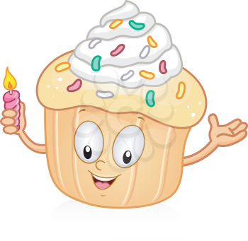 Royalty Free Clipart Image of a Cupcake Holding a Candle