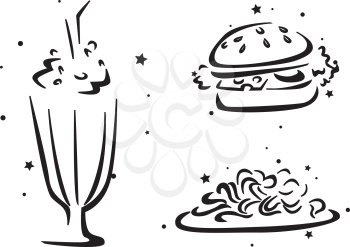 Royalty Free Clipart Image of Milk Shake, Burger and Pasta