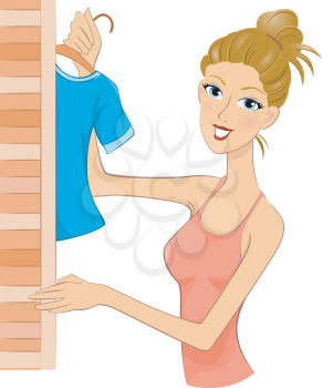Royalty Free Clipart Image of a Woman Holding a Shirt on a Hanger