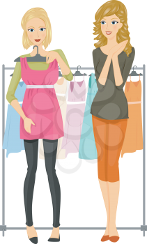 Royalty Free Clipart Image of Two Girls Shopping and One Holding a Dress