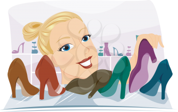 Royalty Free Clipart Image of a Woman Searching for Shoes
