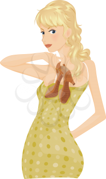 Royalty Free Clipart Image of a Woman Holding Her Shoes Over Her Shoulder