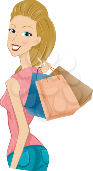 Royalty Free Clipart Image of a Girl With Shopping Bags Over Her Shoulder