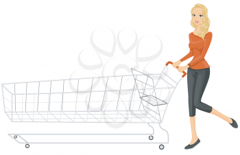 Royalty Free Clipart Image of a Woman Pushing a Long Shopping Cart