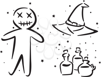 Royalty Free Clipart Image of a Voodoo Doll, Witch's Hat and Potions