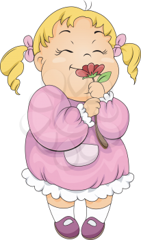 Royalty Free Clipart Image of a Little Girl Smelling a Flower