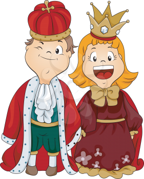 Royalty Free Clipart Image of a Boy and Girl Dressed as a King and Queen