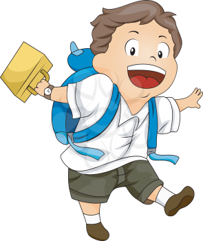 Royalty Free Clipart Image of a Child With a Backpack Swinging His Lunchbox