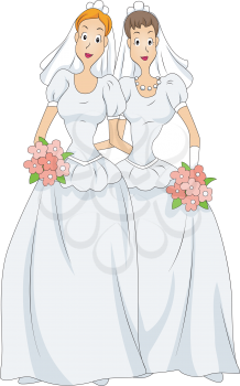 Royalty Free Clipart Image of Two Women in Wedding Dresses