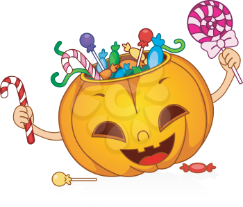 Royalty Free Clipart Image of a Trick or Treat Pumpkin Full of Candy