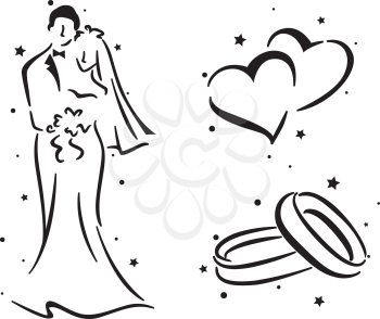 Royalty Free Clipart Image of a Bride and Groom Rings and Hearts