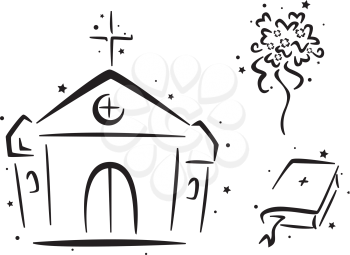 Royalty Free Clipart Image of a Wedding Church, Bridal Bouquet and Bible