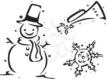 Royalty Free Clipart Image of a Christmas Stencil With a Snowman, Horn and Snowflake