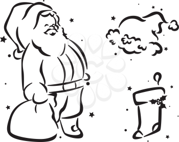 Royalty Free Clipart Image of Santa With a Bag, a Hat and a Stocking