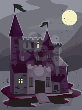 Royalty Free Clipart Image of a Dark Castle at Night