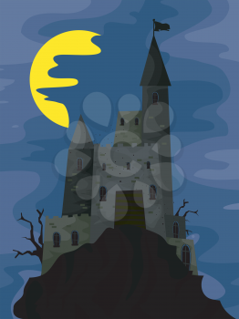 Royalty Free Clipart Image of a Dark Castle on a Hill at Night