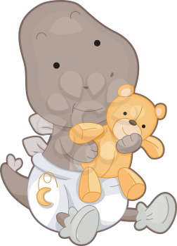 Royalty Free Clipart Image of a Baby Stegosaurus With a Toy Bear