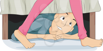 Royalty Free Clipart Image of a Man Lying Under a Bed Looking at a Woman's Legs