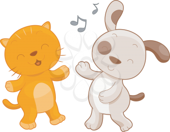 Royalty Free Clipart Image of a Cat and Dog Dancing Together