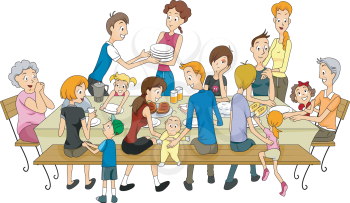 Royalty Free Clipart Image of a Large Gathering Around the Table