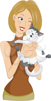 Royalty Free Clipart Image of a Girl With Her Kitten