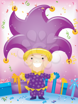Royalty Free Clipart Image of a Jester With Gifts