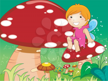 Royalty Free Clipart Image of a Fairy on a Toadstool