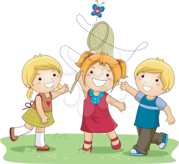 Royalty Free Clipart Image of Three Children Trying to Catch a Butterfly
