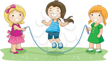 Royalty Free Clipart Image of Three Girls Jumping Ropes