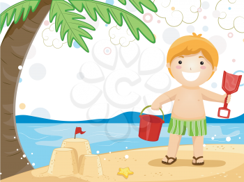 Royalty Free Clipart Image of a Child Playing in the Sand at the Beach