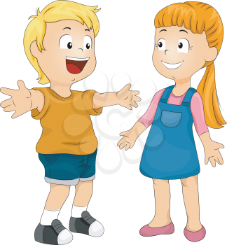 Royalty Free Clipart Image of a Little Boy About to Hug a Girl