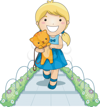 Royalty Free Clipart Image of a Girl Walking With a Cat