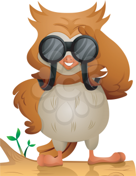Royalty Free Clipart Image of an Owl Using Binoculars