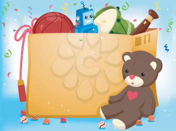 Royalty Free Clipart Image of a Child's Toy Box With a Bear Outside