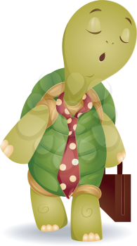 Royalty Free Clipart Image of a Tired Turtle With a Briefcase and Wearing a Tie