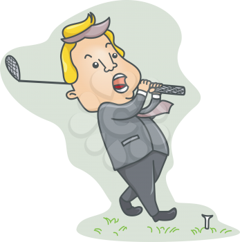Royalty Free Clipart Image of a Guy in a Suit Playing Golf
