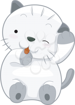 Royalty Free Clipart Image of a Chubby Kitten Licking Its Paws
