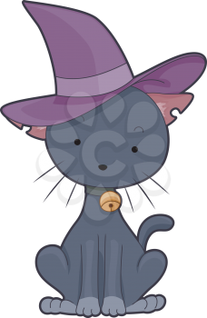 Royalty Free Clipart Image of a Black Cat in a Witch's Hat