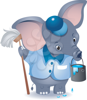 Royalty Free Clipart Image of an Elephant Janitor