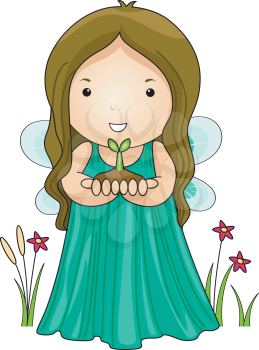Royalty Free Clipart Image of an Earth Fairy With a Seedling