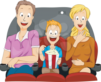 Royalty Free Clipart Image of a Family at the Movies With Popcorn