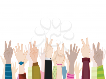 Royalty Free Clipart Image of Hands Raised Some Giving Peace Signs