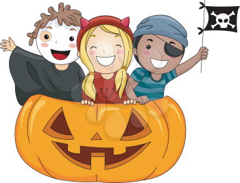 Royalty Free Clipart Image of Costumed Children in a Jack-o-Lantern